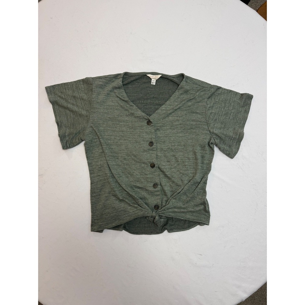 Weatherproof Vintage Womens Short Sleeve Button Tie Front Top Olive Green Medium